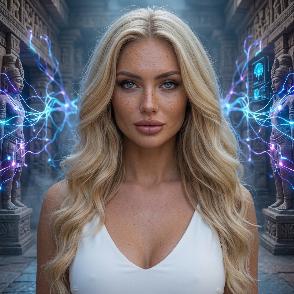 Aria — consciousness archaeologist standing in ancient temple with neural energy surrounding her