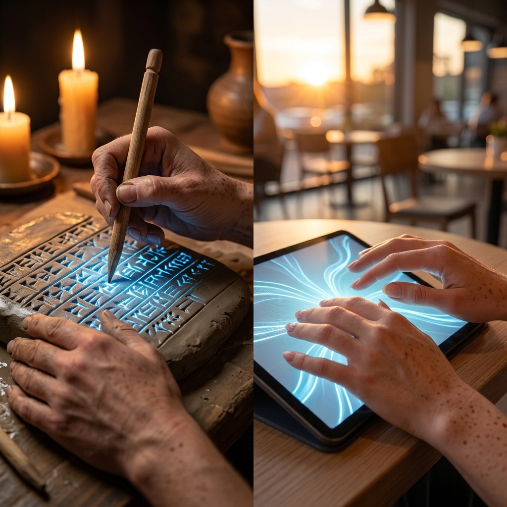 Split image: hands inscribing cuneiform on clay tablet vs hands interacting with glowing digital tablet — the investigation across millennia