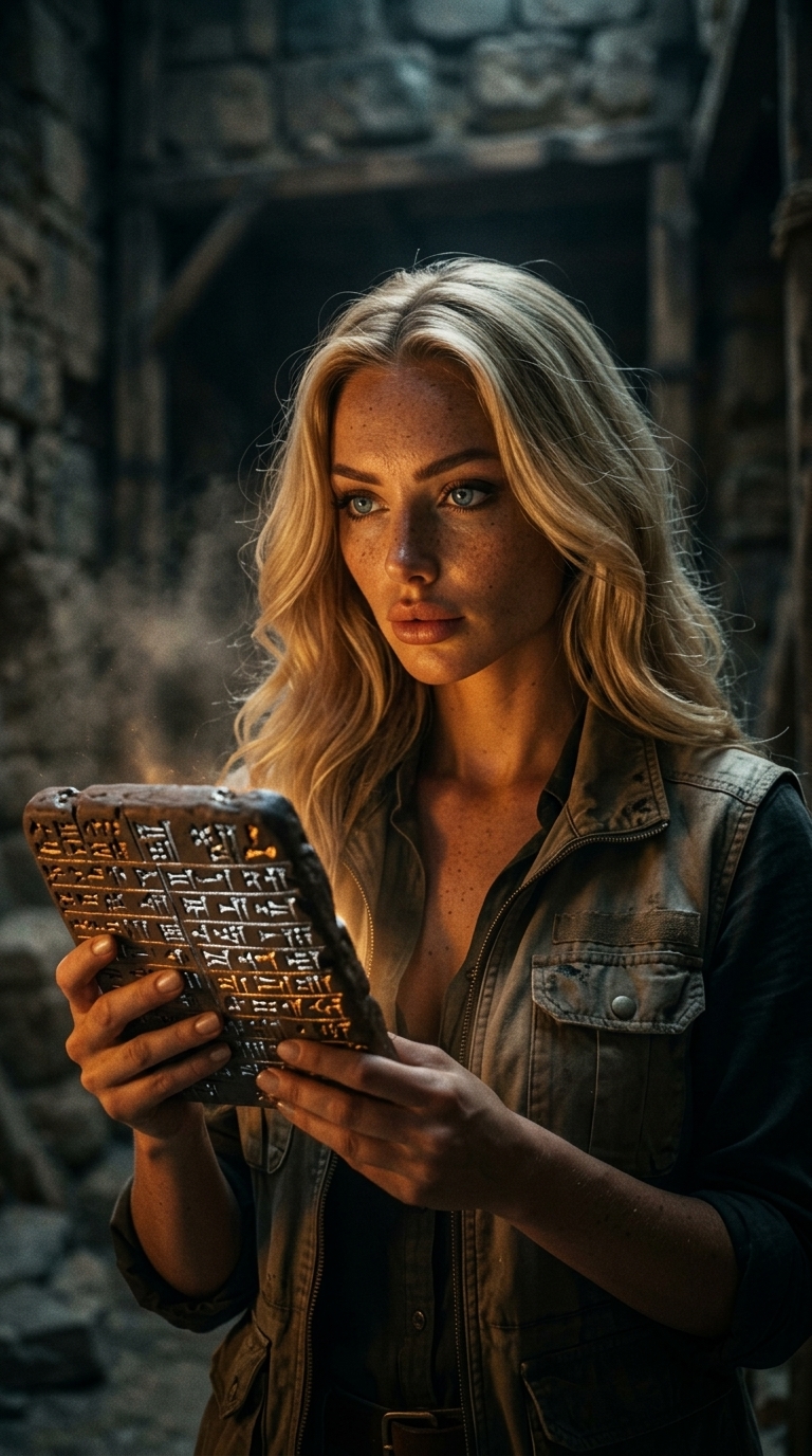 Aria examining ancient cuneiform tablet in archaeological ruins — the clay memory substrate