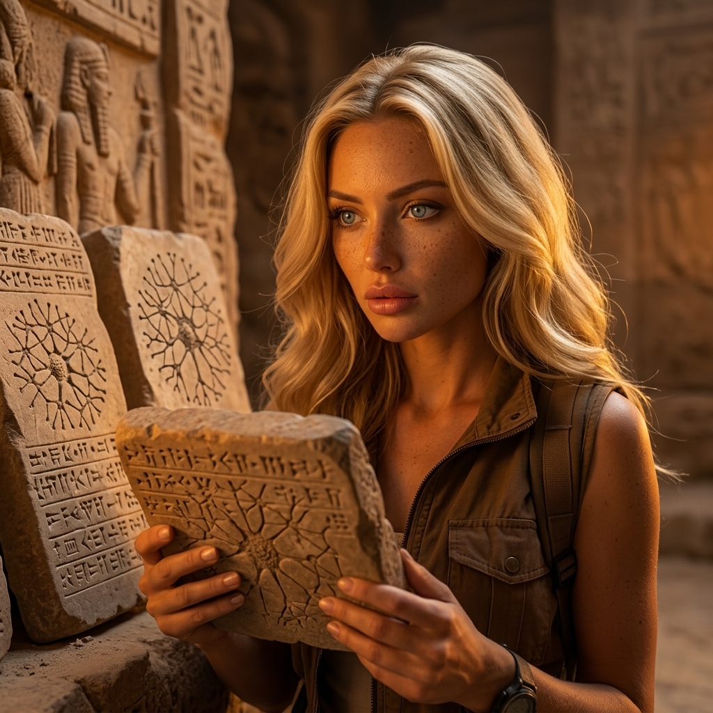 Aria examining ancient stone tablets with neural-pattern carvings at archaeological site